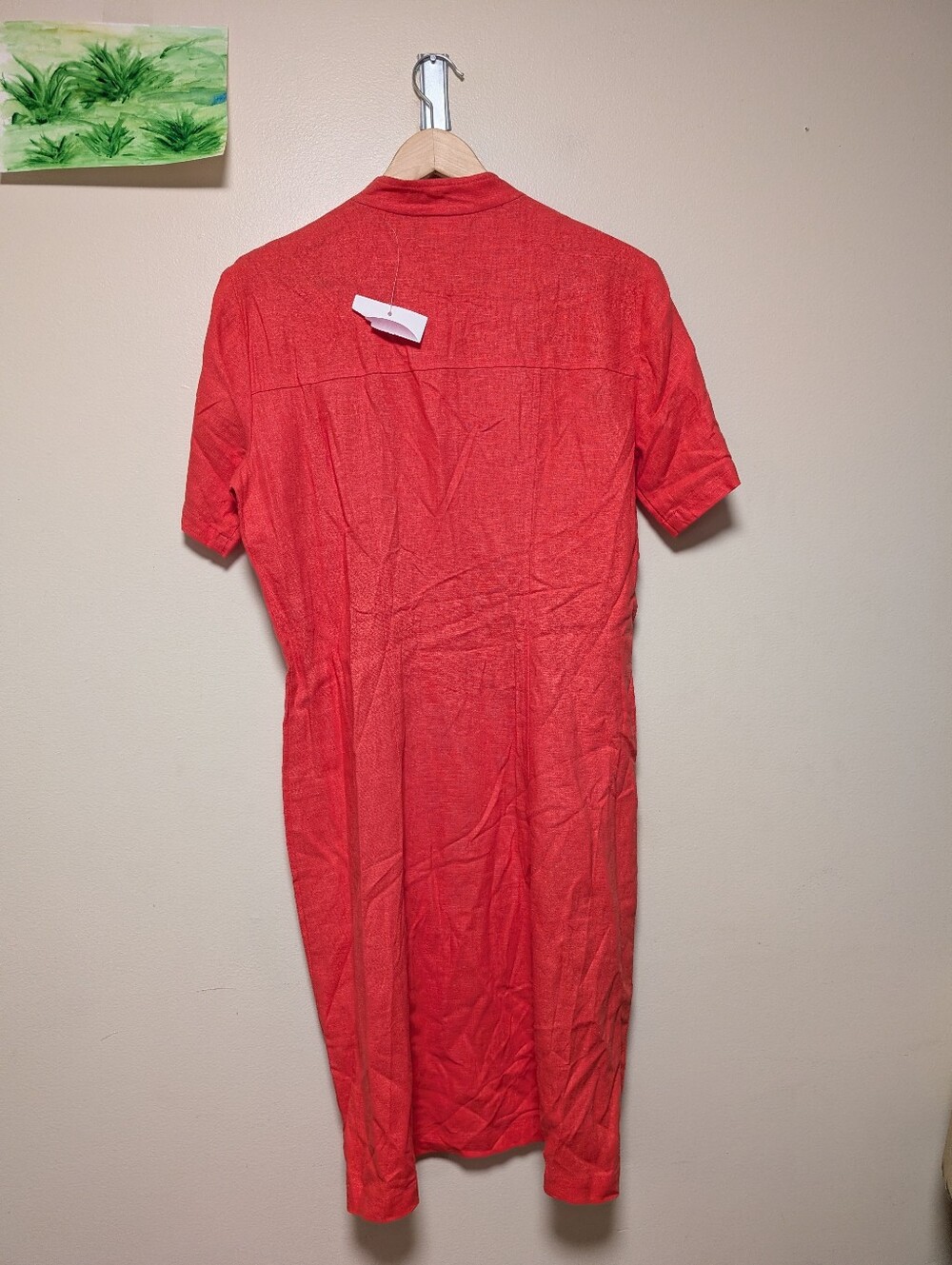 Lindsey Scott Petites 8 Coral Red Linen Button Front Midi Dress Vintage - Picture 6 of 6